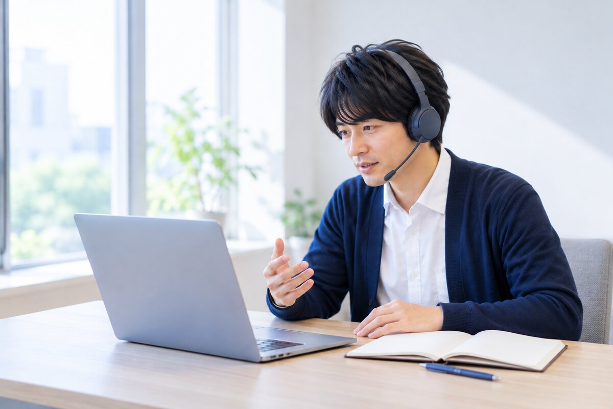 ヘッドセットを付け、ノートパソコンに向かって話している会社員